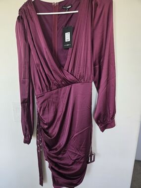 Fashion Nova Deep Wine Satin Long Sleeve Wrap Dress